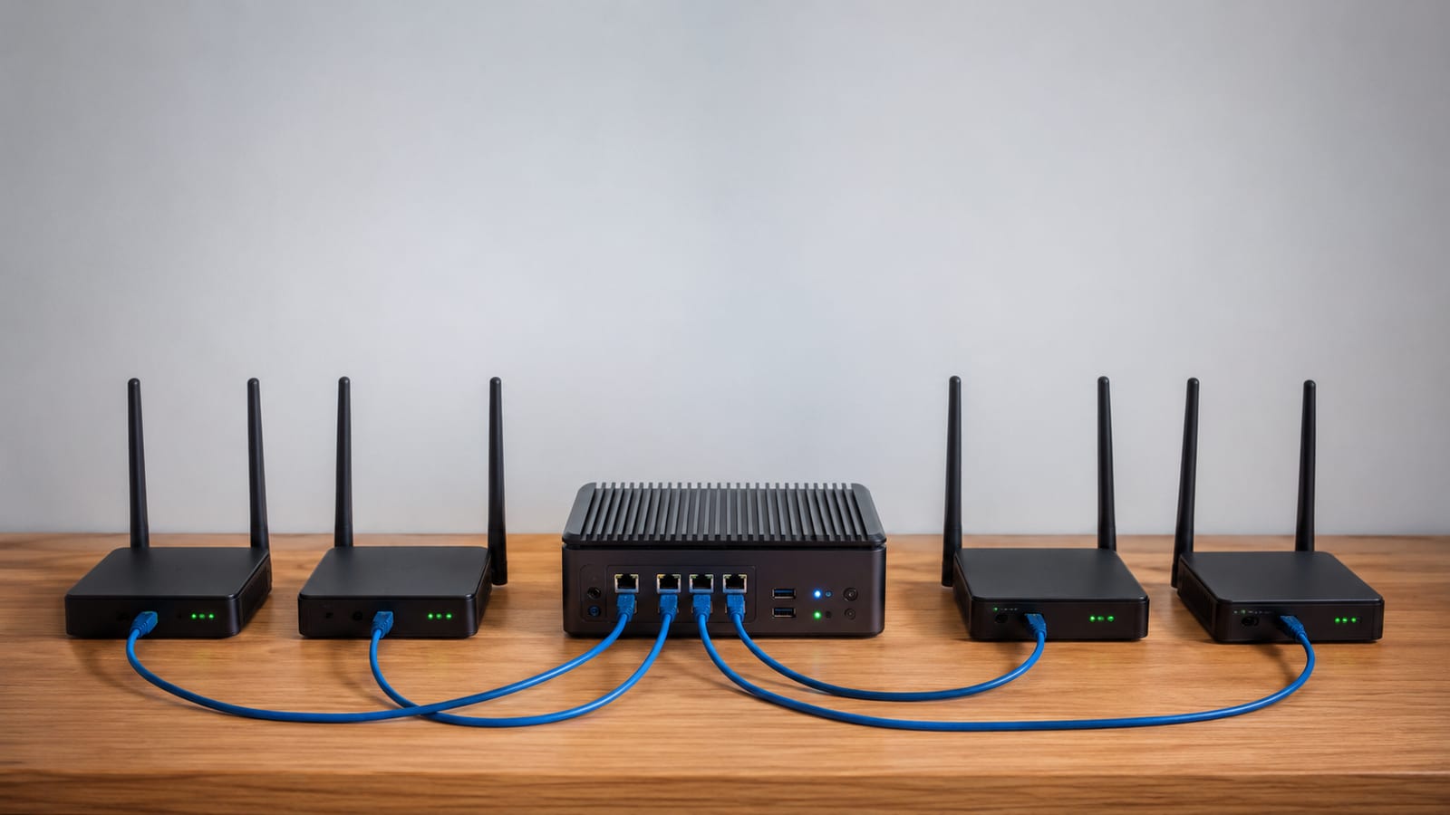 Several compact client routers connected to one Linux server for additional WireGuard peers