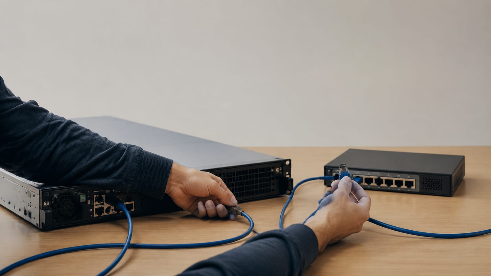 Administrator connecting Ethernet cables to a Linux server and network switch in a home lab