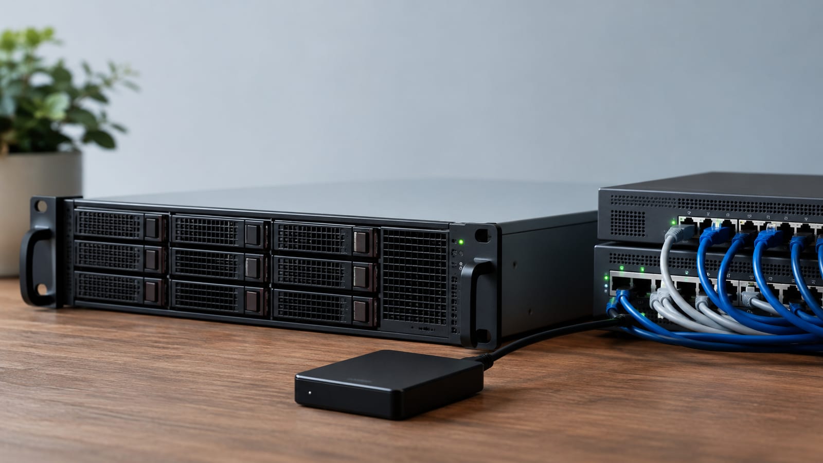 Linux server with external storage attached beside Ethernet cables during packet capture