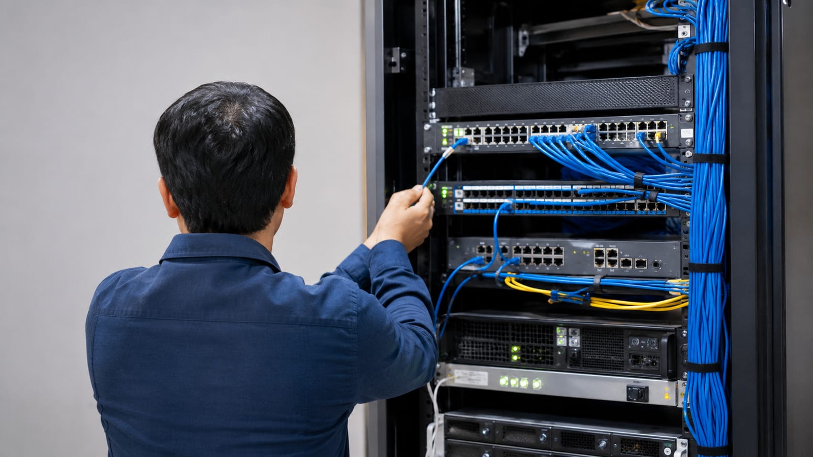 Technician tracing Ethernet connections between two network interfaces and a compact switch