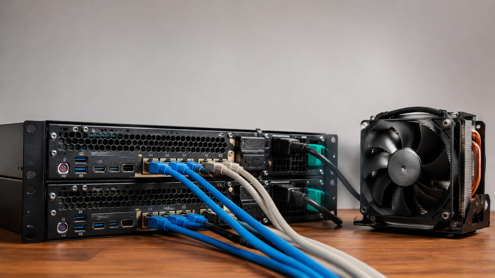 Administrator inspecting Ethernet connections between Linux test servers inside a server rack
