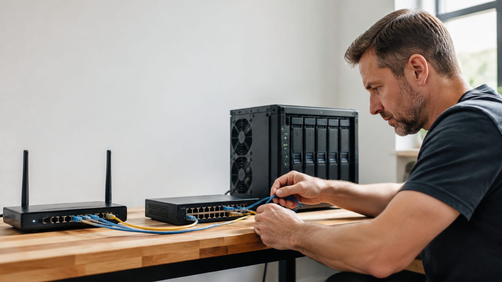 Linux home lab servers, router, and Ethernet cables arranged for troubleshooting network performance