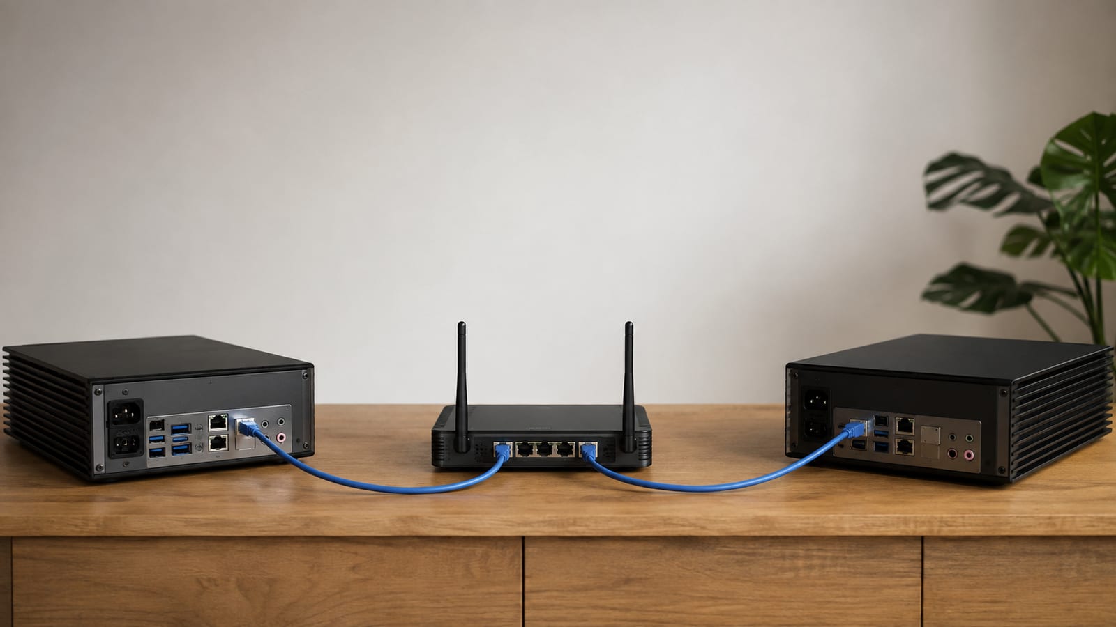 OpenWrt router between two wired test machines, cables arranged for throughput testing