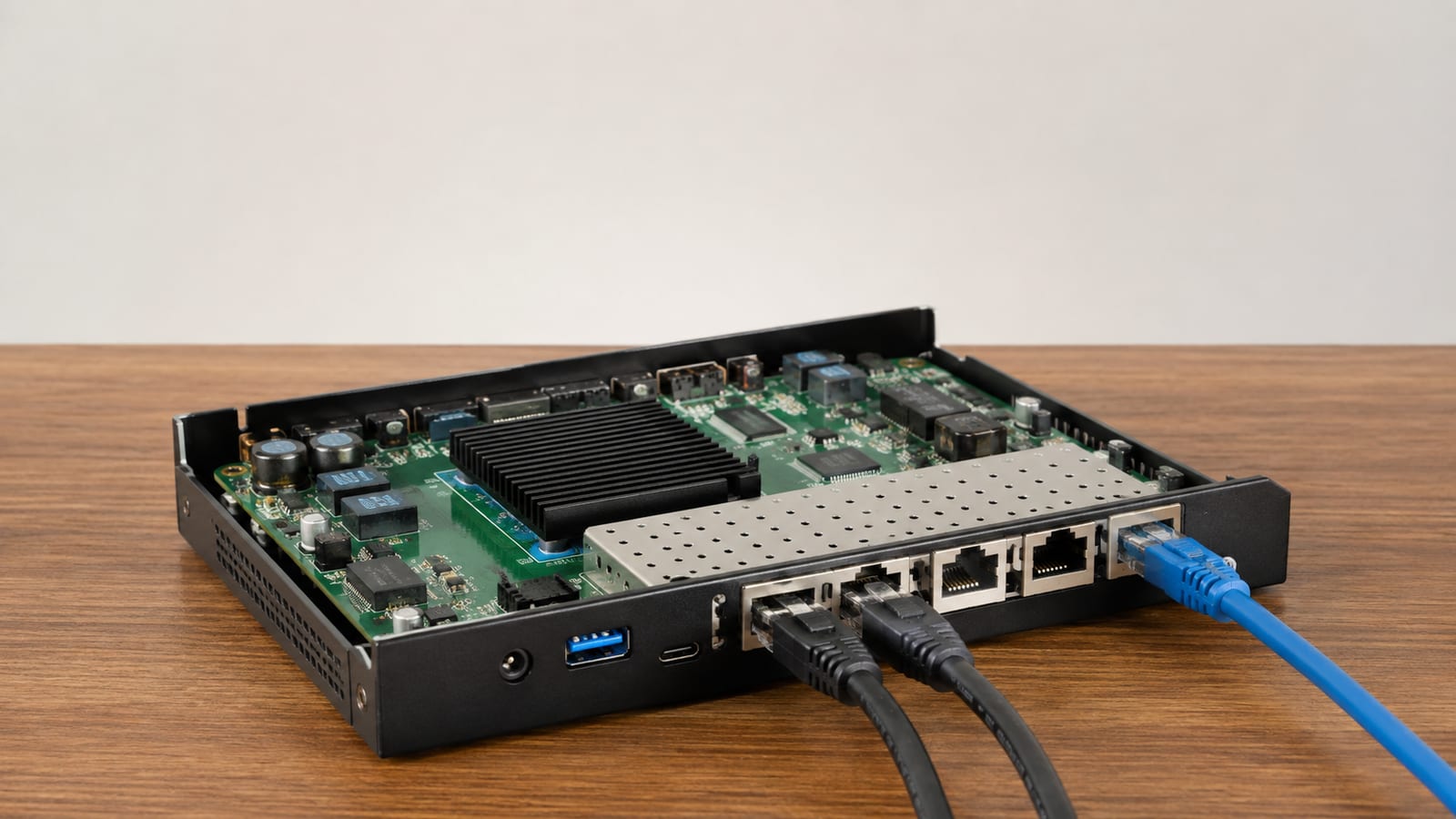 OpenWrt router circuit board with heatsink, processor area, and multiple network cables