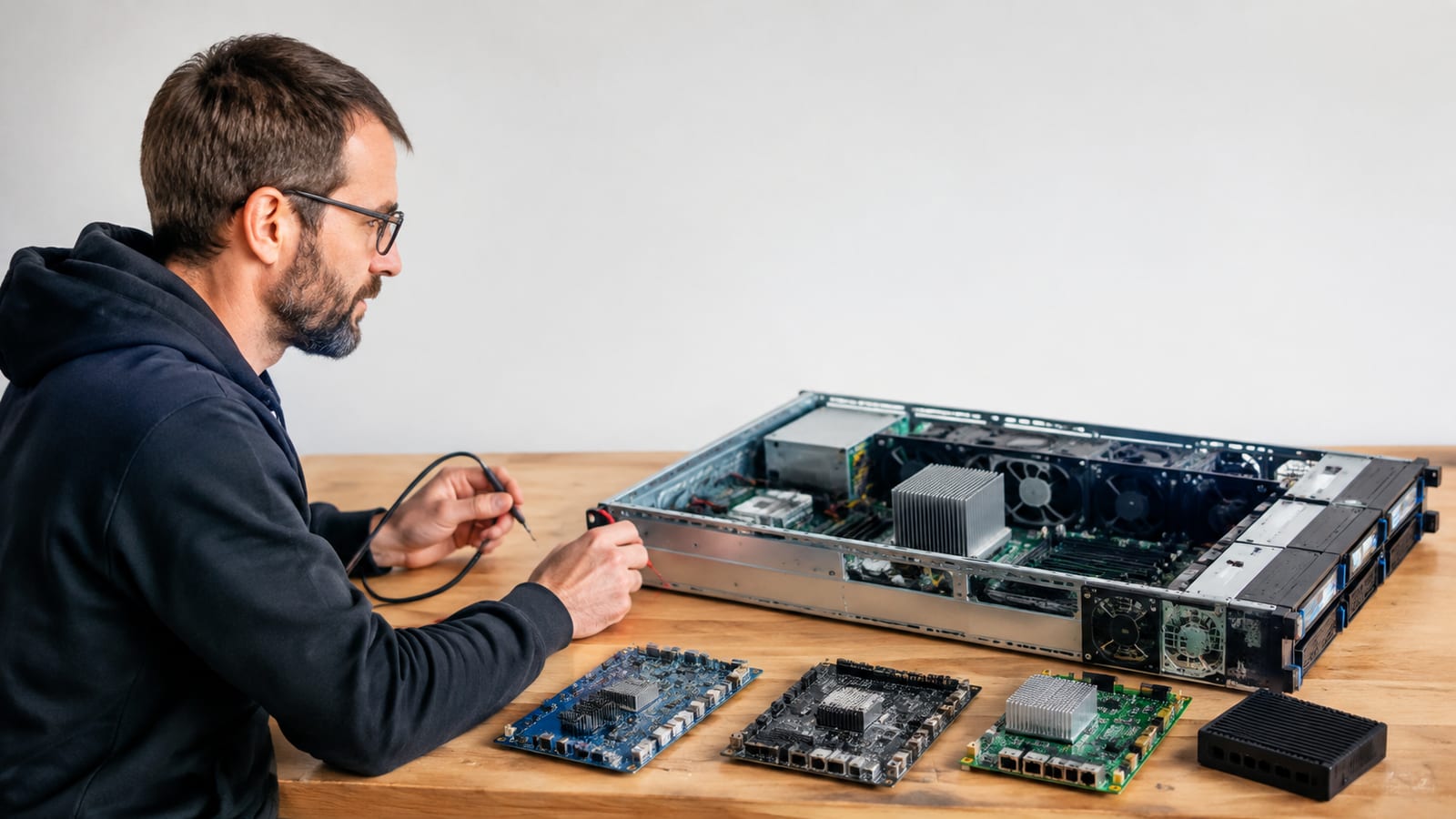 Linux kernel developer comparing syscall tracing approaches beside running server hardware