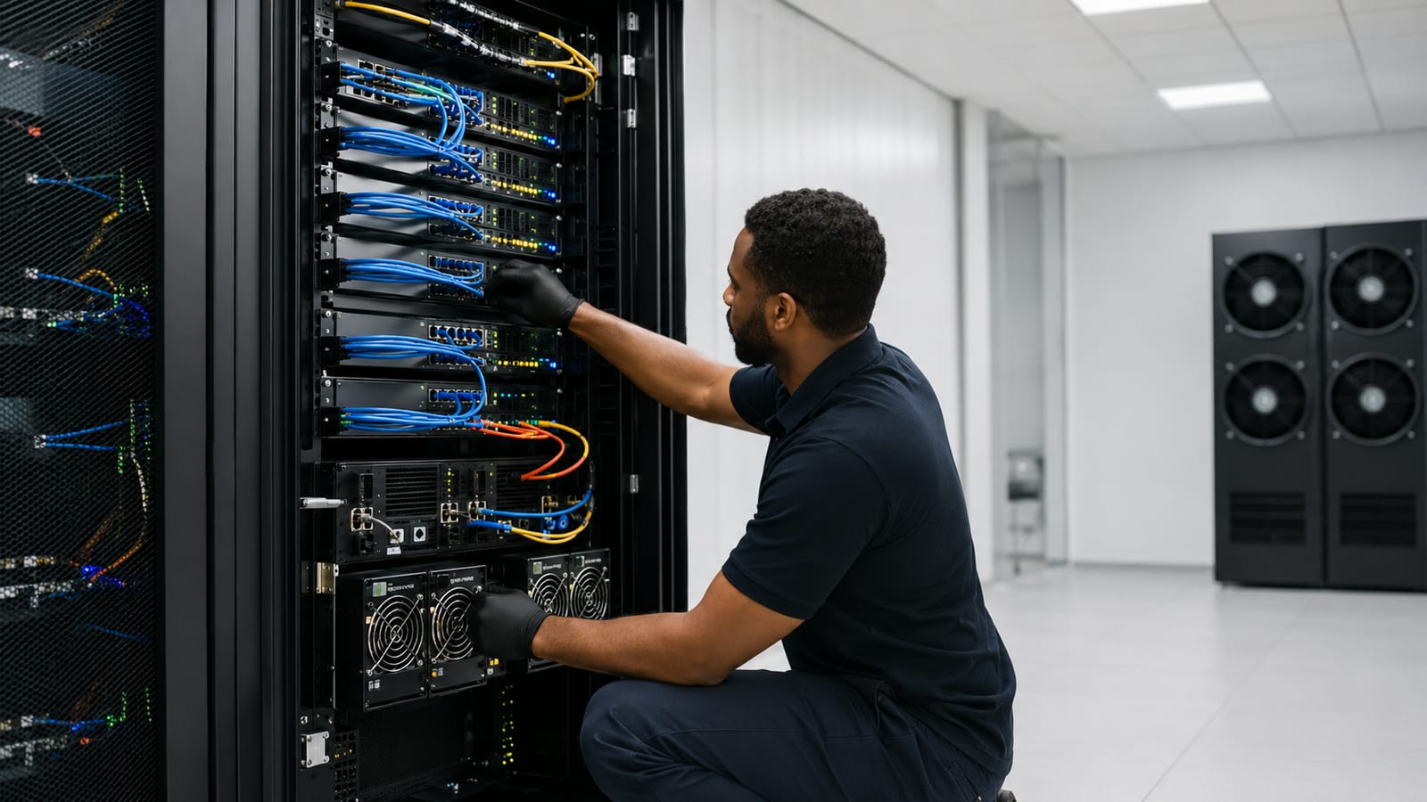 Production server rack with careful low-overhead eBPF tracing equipment and organized network connections
