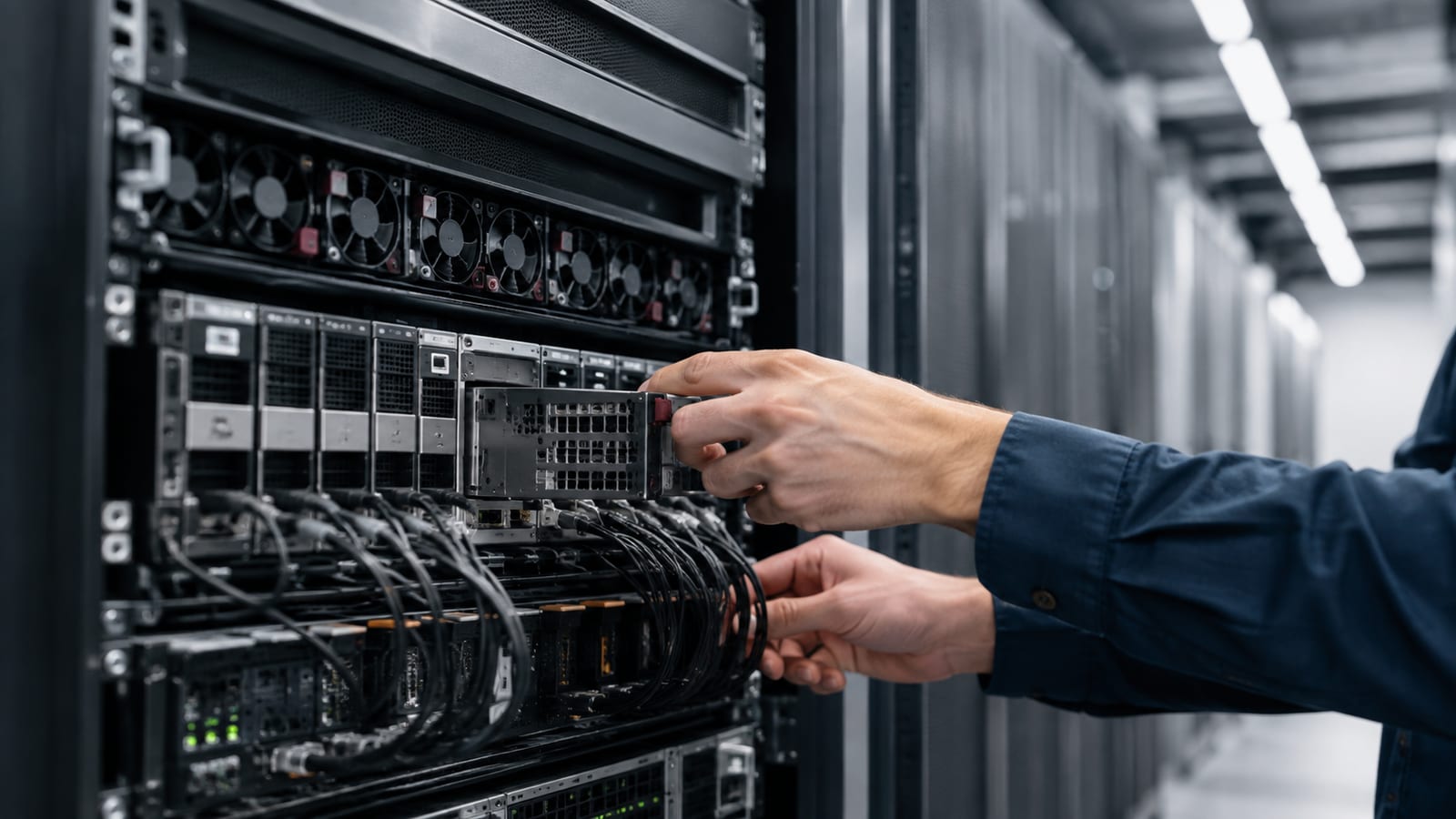 Close-up of server storage bays, cables, and cooling hardware during careful maintenance