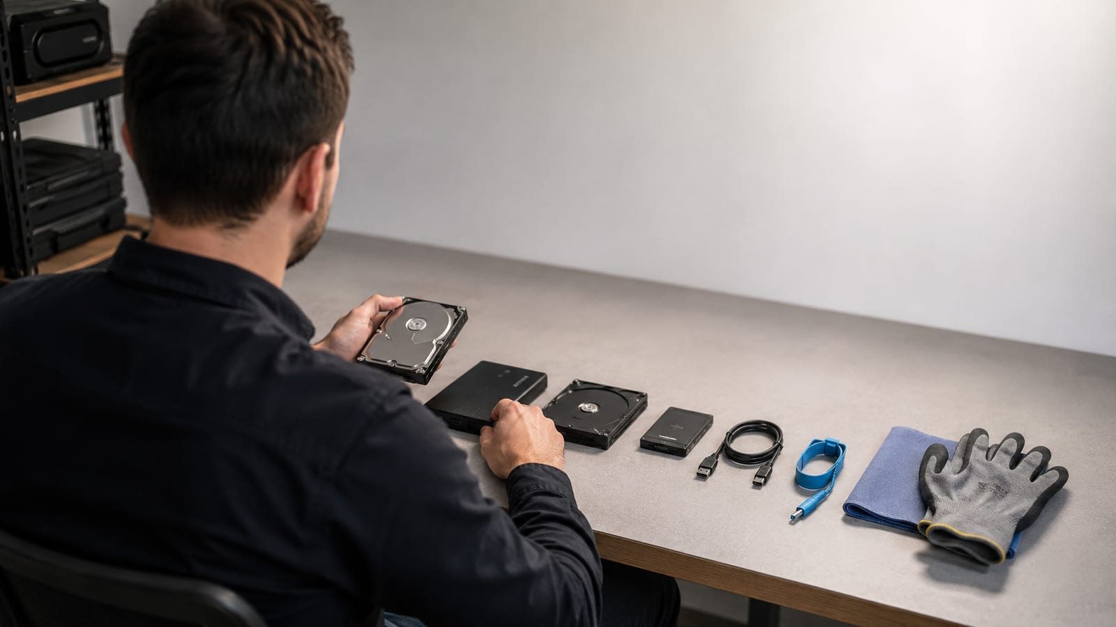 Administrator organizing disconnected storage hardware safely on a clean laboratory workbench