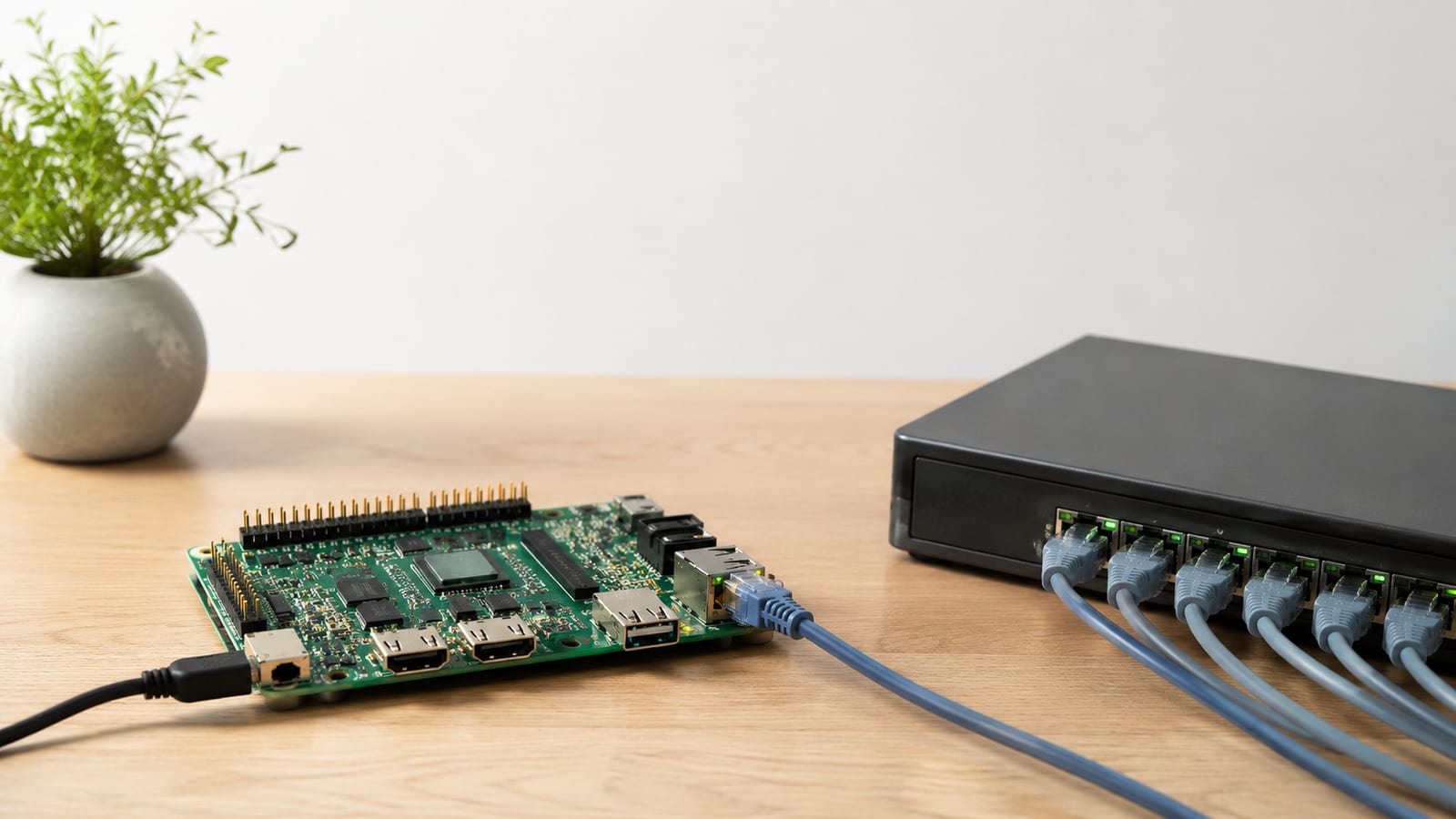 ARM development board beside connected network hardware, illustrating kernel compilation without screens or labels