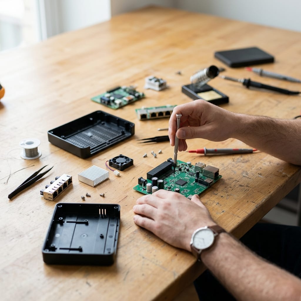 Disassembled compact router with cooling hardware and Ethernet ports during kernel configuration work