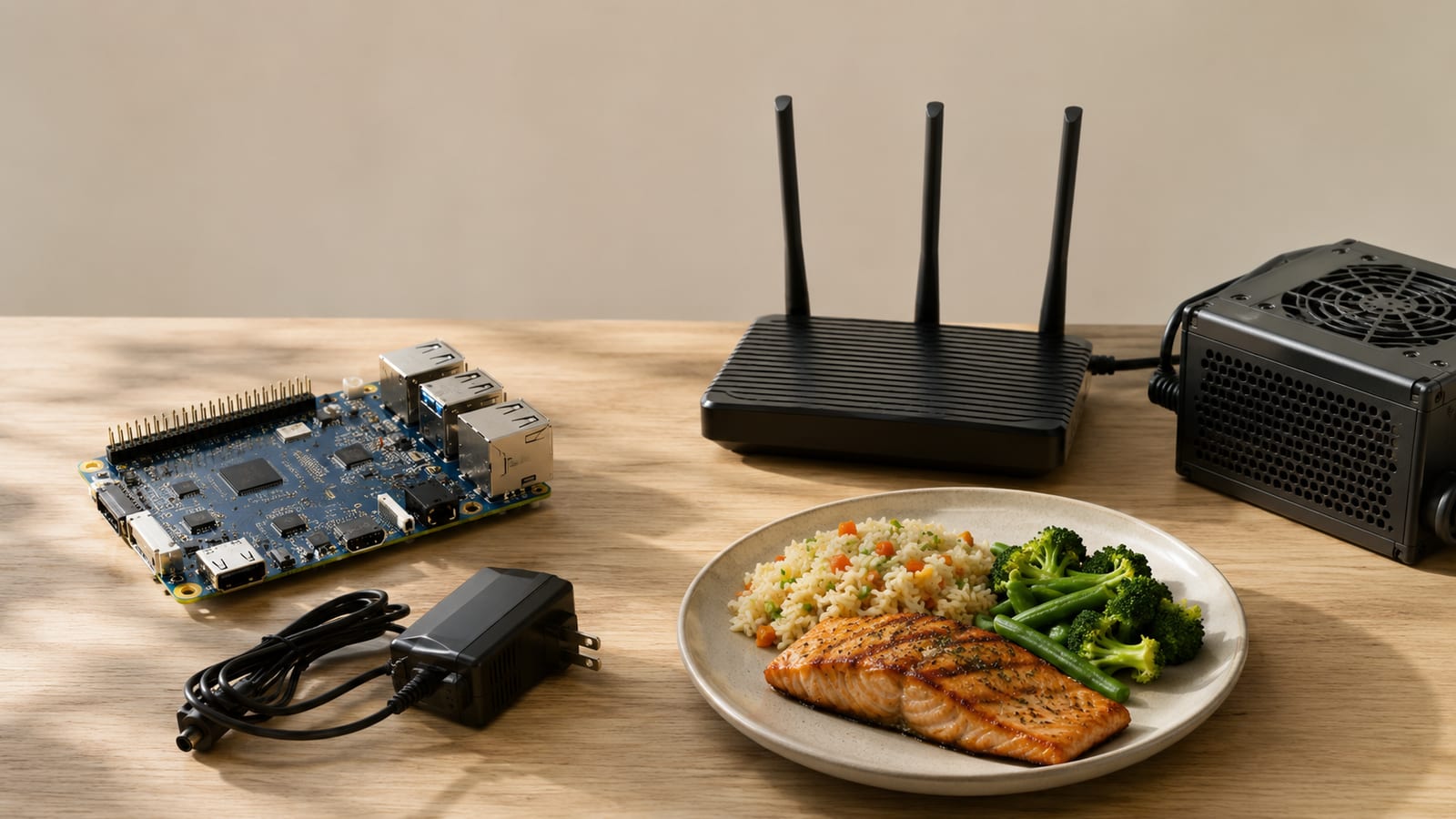 ARM single-board computer beside router components and power hardware for architecture-specific eBPF troubleshooting