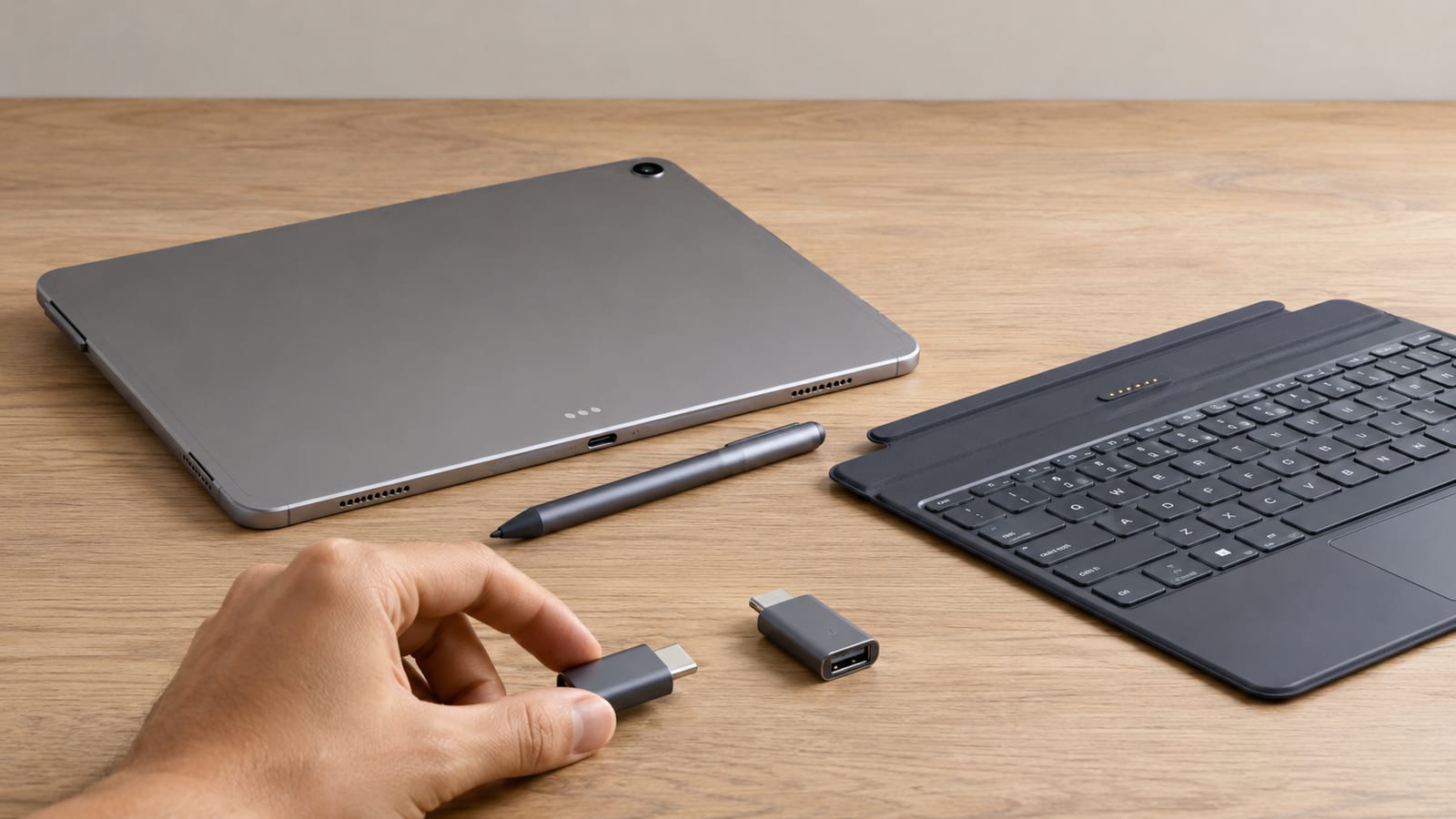 Tablet ports, detachable keyboard connector, stylus, and USB adapters arranged for hardware inspection
