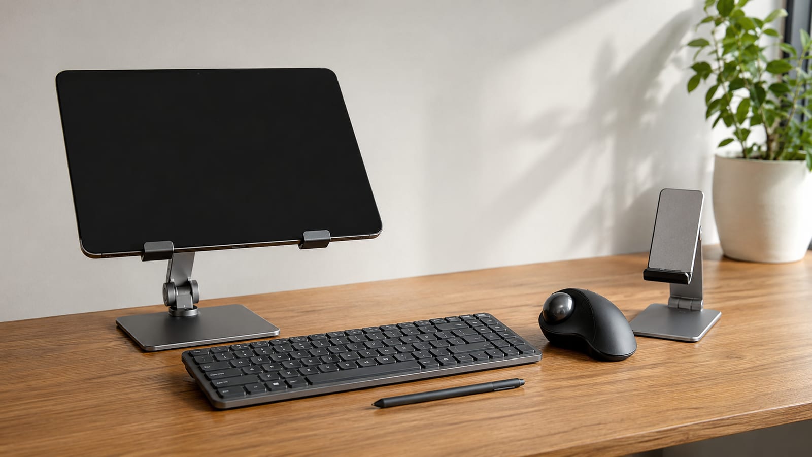 Tablet, compact keyboard, trackball, and stylus arranged for flexible desktop usage