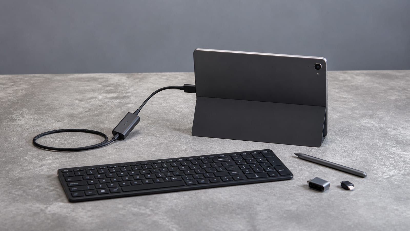 Tablet connected to keyboard and diagnostic cables during layered input troubleshooting