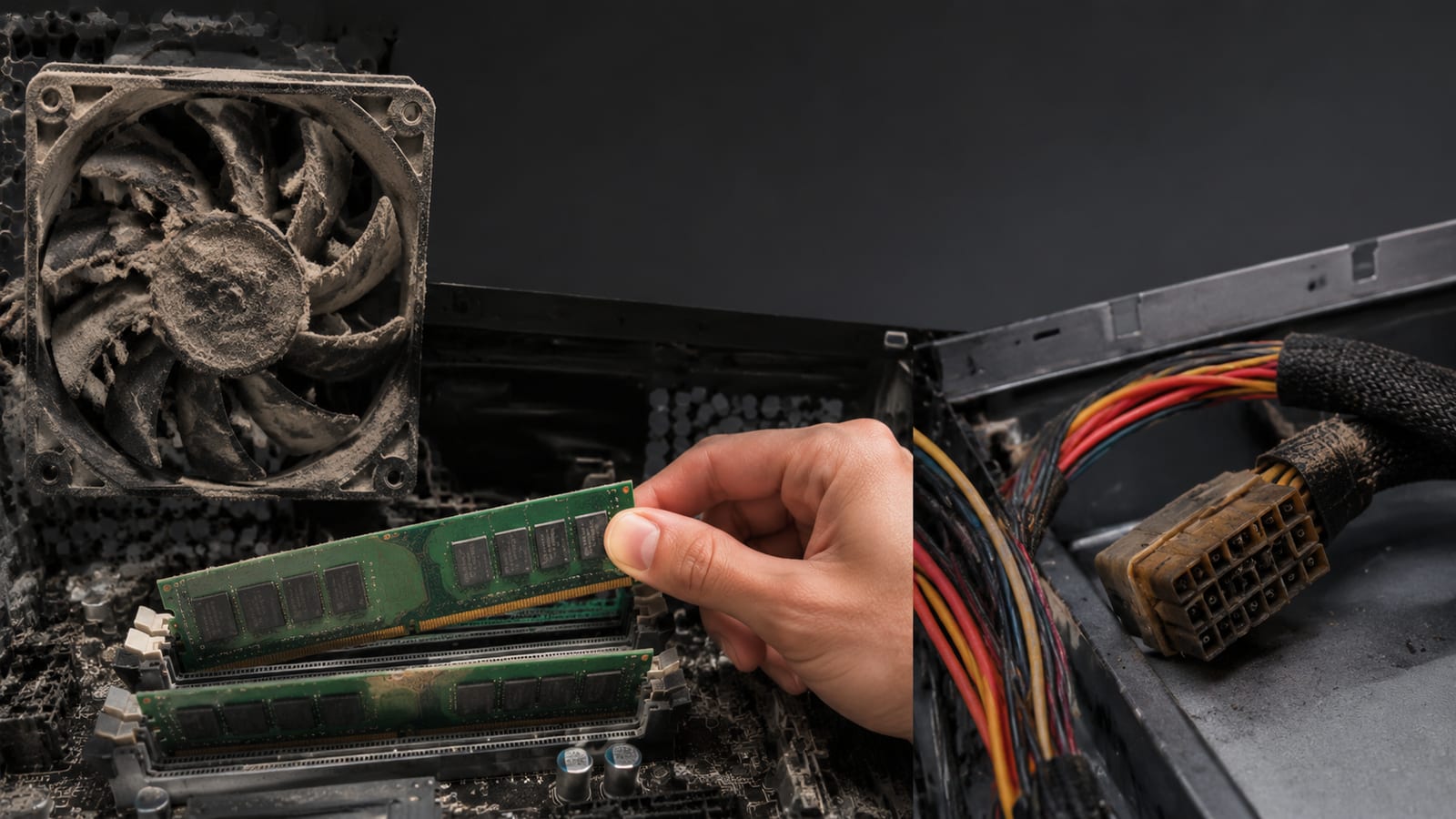 Dust-covered server fan, loose memory modules, and tangled power cables inside a homelab computer
