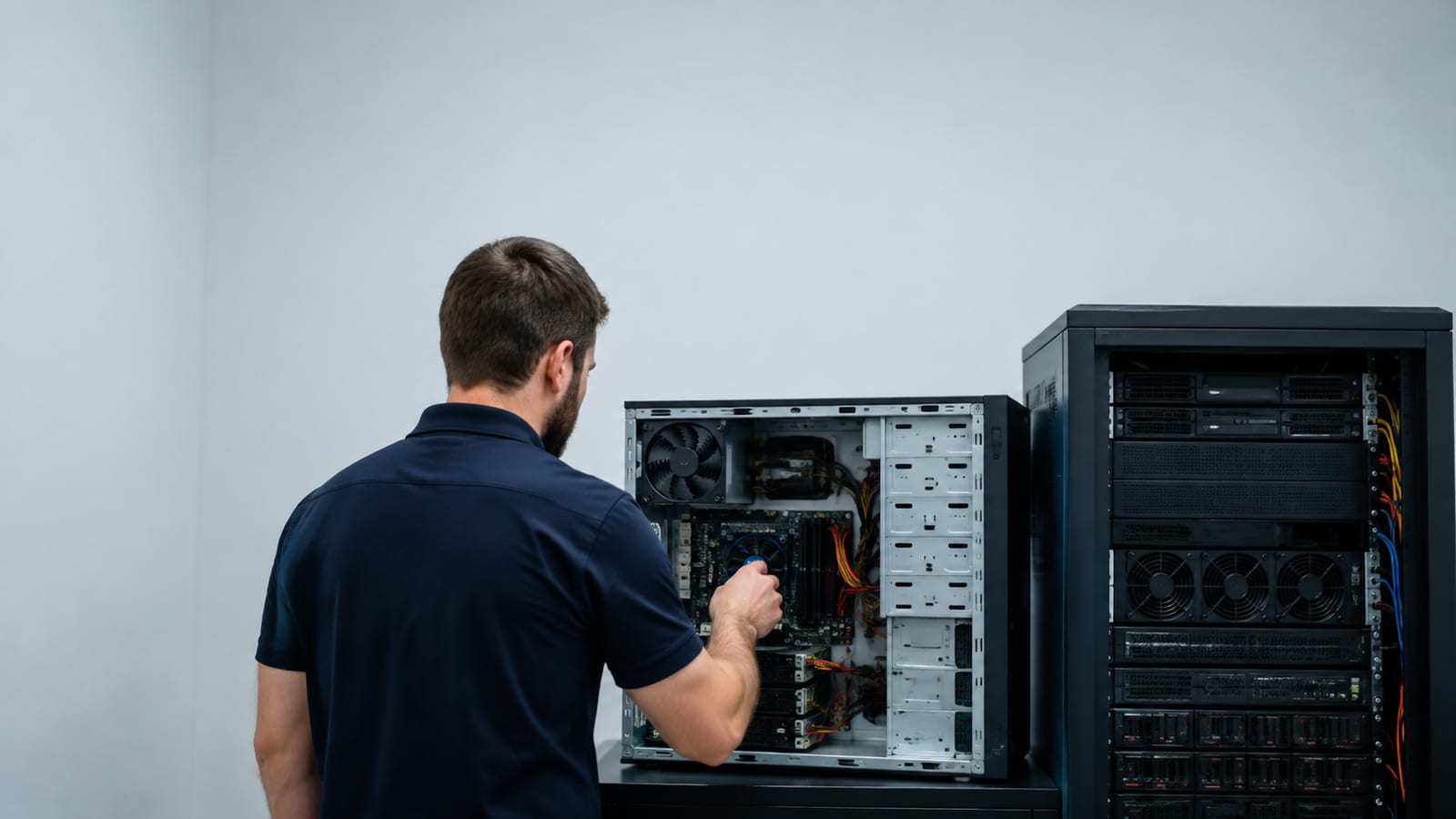 System administrator examining server hardware beside a rack, viewed from behind