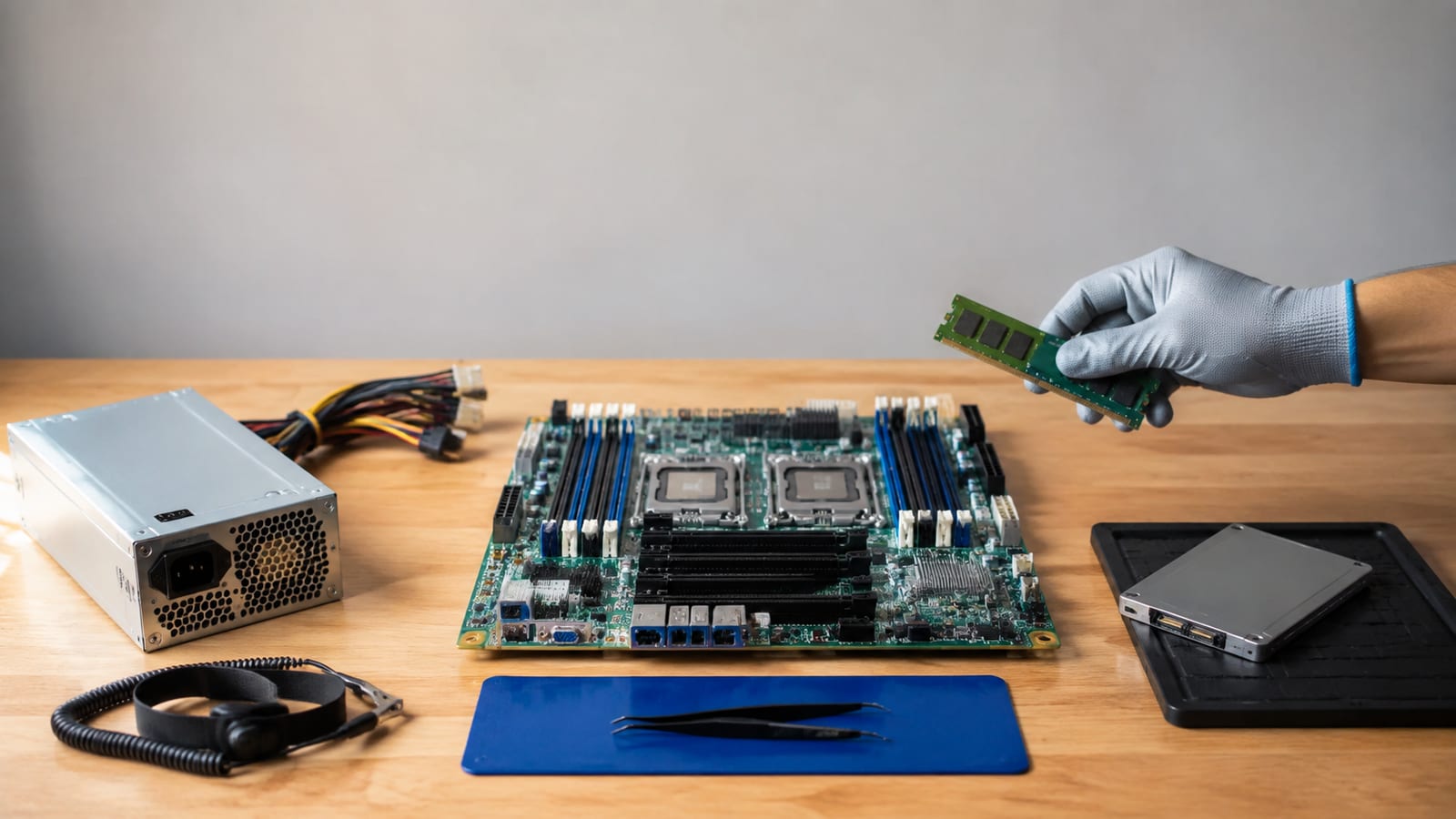 Bare server motherboard, storage drive, and boot hardware arranged for careful Linux recovery work