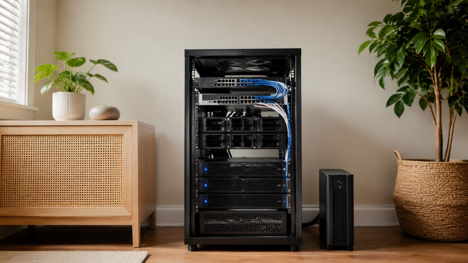 Cleanly organized home-lab server rack with cooling airflow, redundant power, and secured cable connections