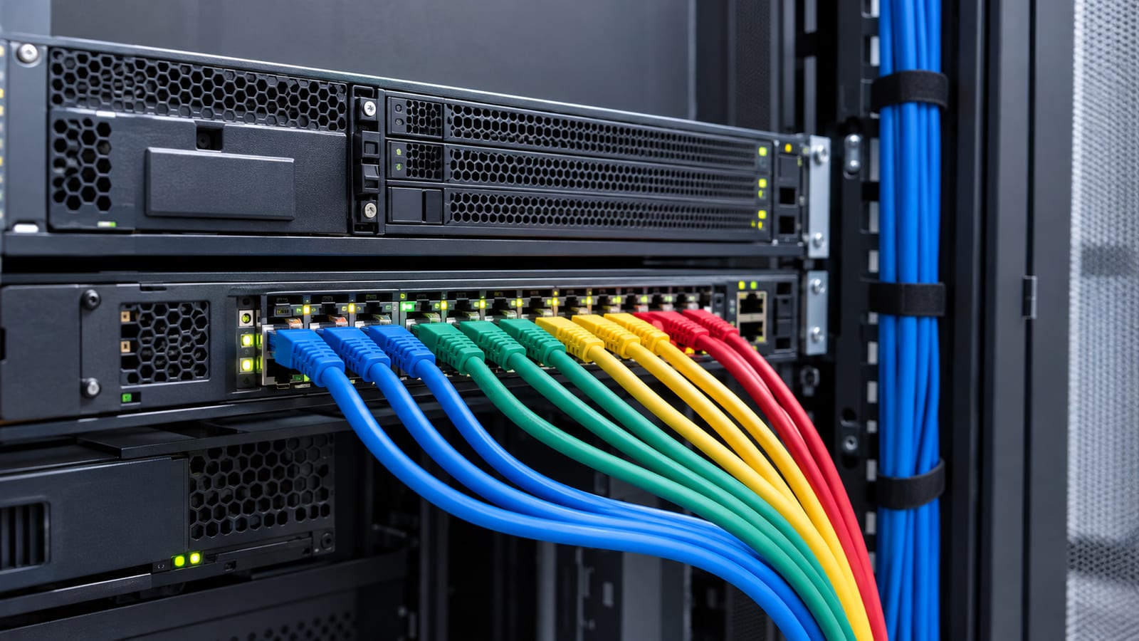 Network switch in a server rack with colorful Ethernet cables