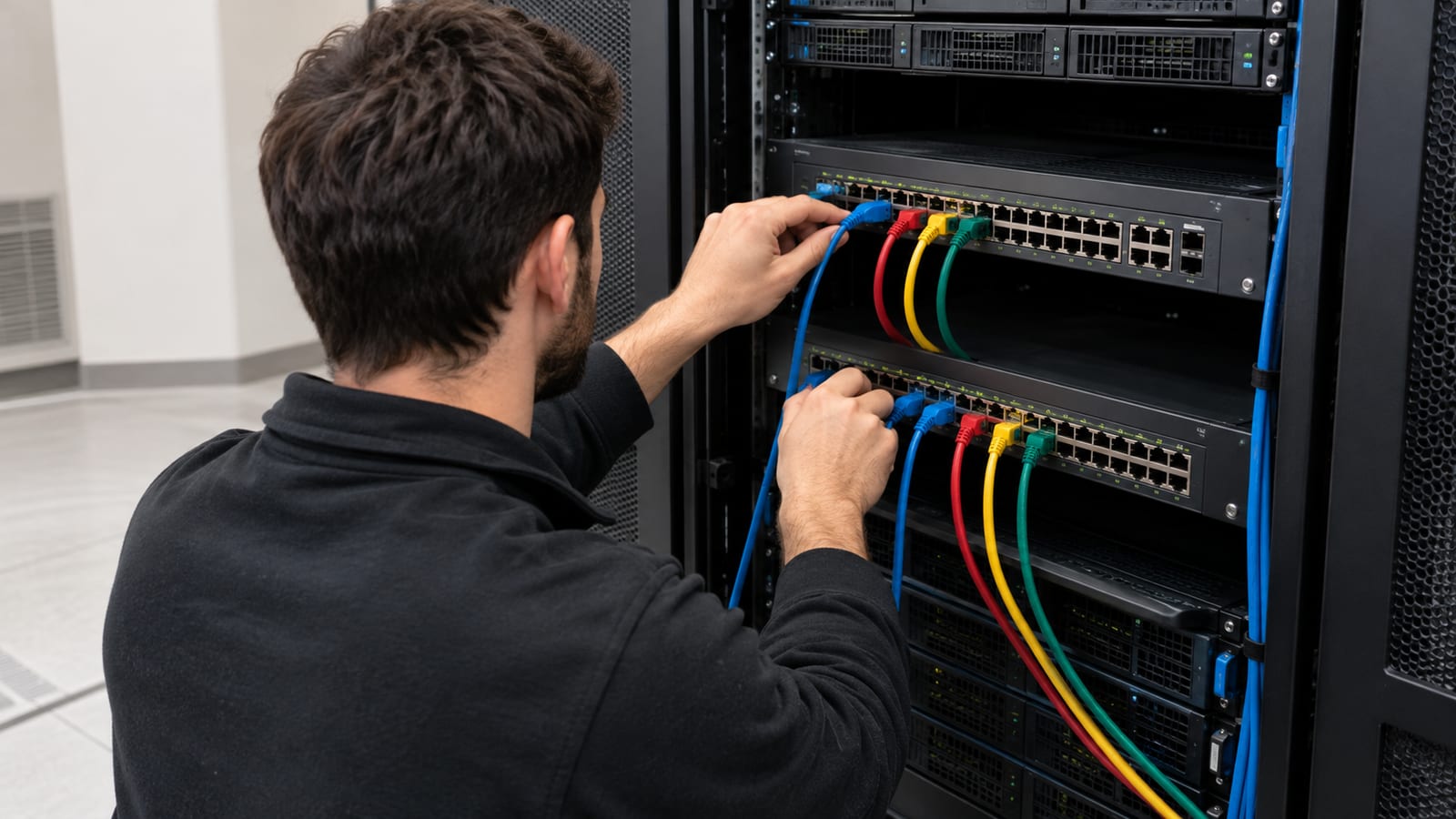 Man in black hoodie connects colorful cables to network switches in server rack
