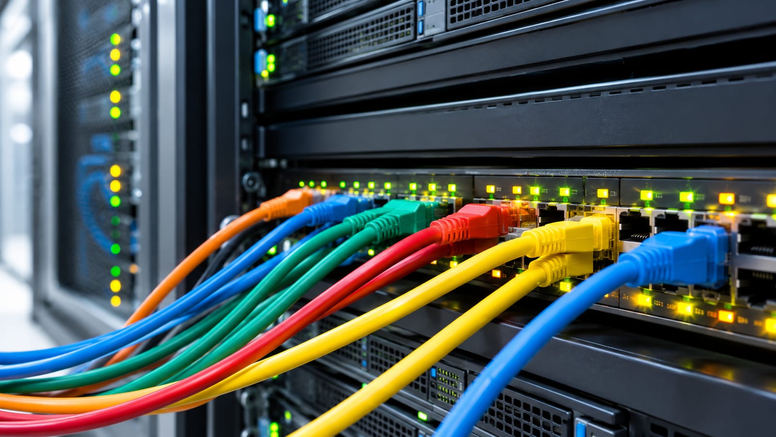 Network switches with colorful Ethernet cables plugged in and green LEDs