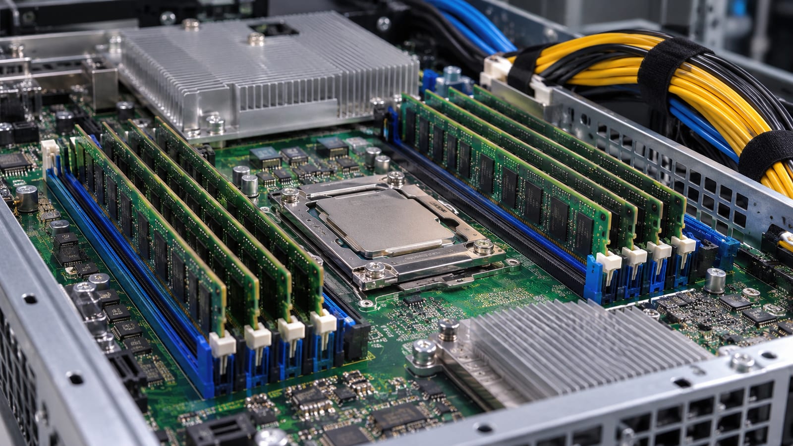 RAM modules slotted into a server motherboard beside a processor inside an open chassis