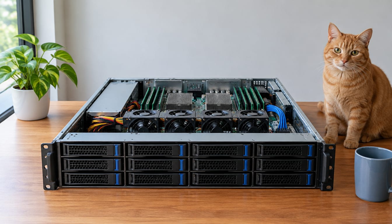 Open rackmount server with exposed RAM sticks on a wooden desk beside an orange cat
