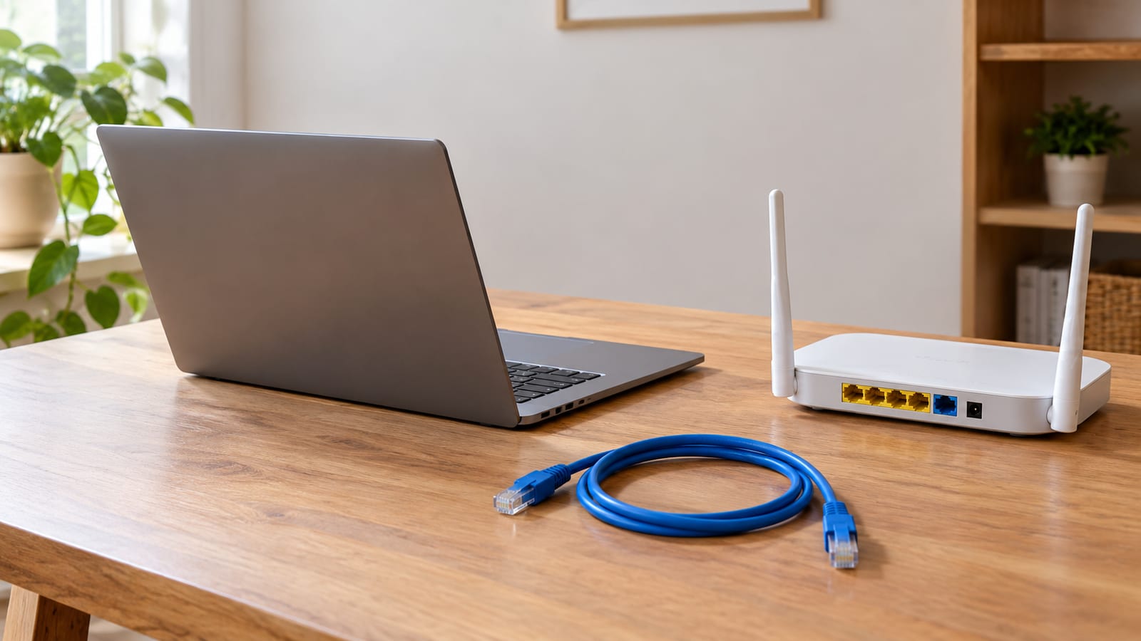 Laptop, white Wi-Fi router, and a coiled blue ethernet cable on a wooden desk